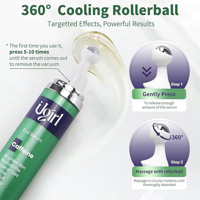 Eye Serum for Dark Circles, 5% Caffeine Under Eye Cream for Wrinkles, Morning Puffiness and Fine Lines, Deeply Repairs the Muscles Around the Eyes with 360°Massage Ball, 0.5 Fl Oz-Velvo Beauty