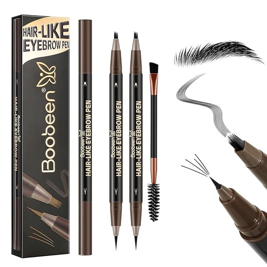 Boobeen 2pcs Waterproof Eyebrow Pen，Dual-Ended Eyeliner Microblading Eyebrow Pencil for Women，Long Lasting Hair-Like Brow Pen with Brow Brush，Dark Brown-Velvo Beauty