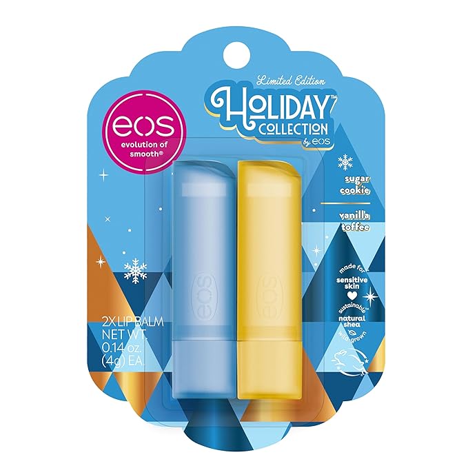eos Holiday Lip Balm Gift- Sugar Cookie & Vanilla Toffee, Stocking Stuffers, All-Day Moisture Lip Care, 0.14 oz, 2-Pack-Velvo Beauty