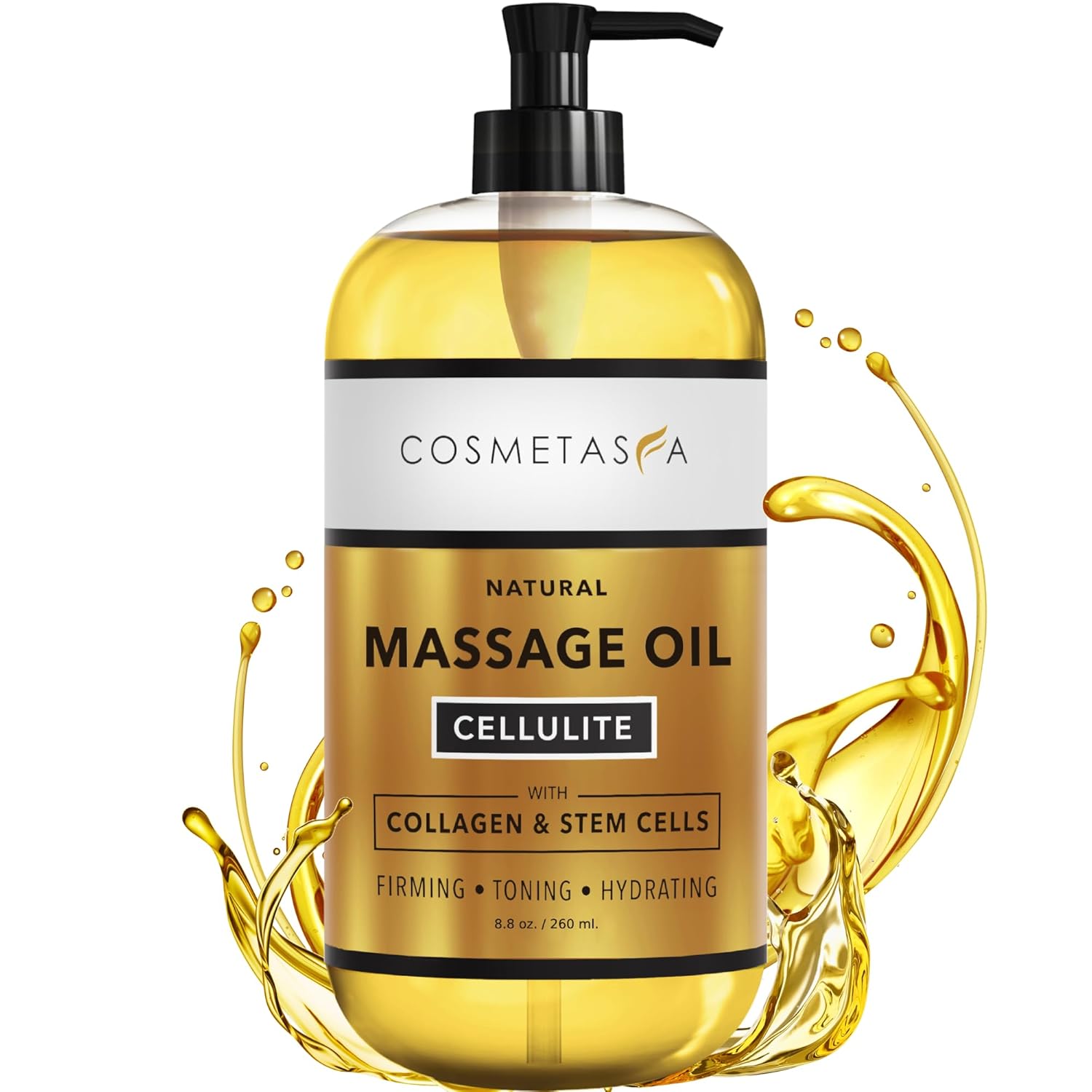 Cellulite Massage Oil with Collagen & Stem Cells- 100% Natural Anti Cellulite Oil, Assists with Firming, Toning & Moisturizes Skin 8.8 oz. by Cosmetasa-Velvo Beauty