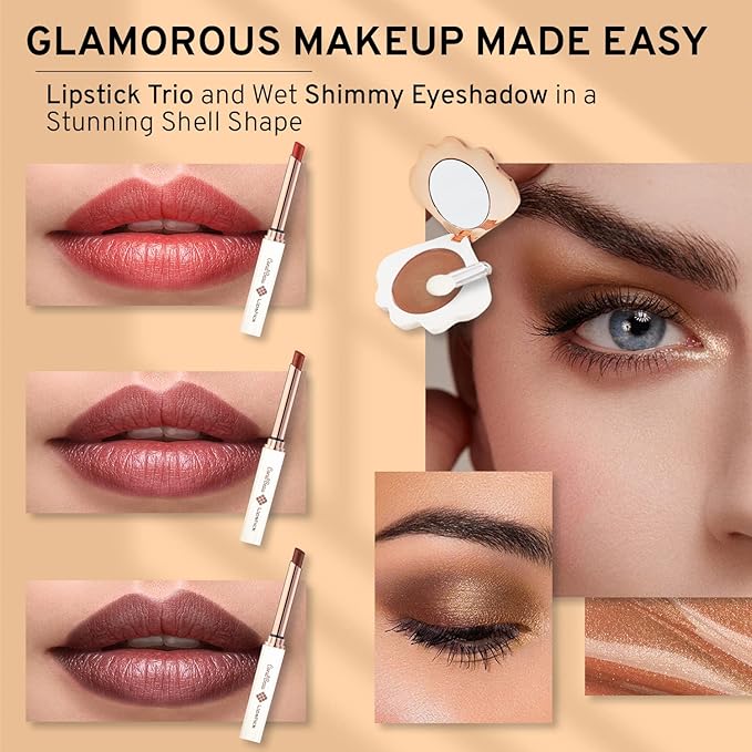 Shell Makeup Set - All in One Makeup Kit for Women with Compact BB Cream Powder, Eyeshadow Palette with Brown Shades, Eye Shadow Brush, Mascara, 3 Lipsticks, Necklace - Make Up Gift Set Box-Velvo Beauty