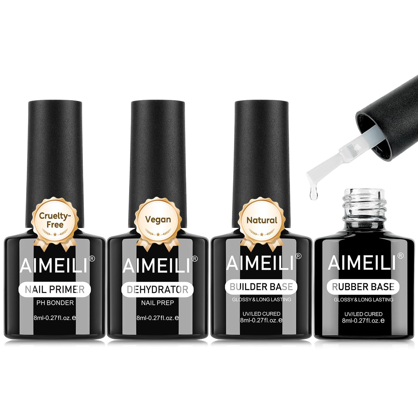 AIMEILI Gel Nail Polish 4pcs, Hema Free, Cruelty Free, Vegan, U V LED Nail Art - Nail Dehydrator Primer, Builder Nail Gel, Rubber Base-Velvo Beauty