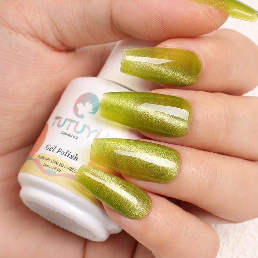 Lime Green Cat Eye Gel Nail Polish, 0.51 Fl Oz Crystal Glitter Holographic Cateye Magnetic Gel Polish for Manicure Salon or Nail Art Starter,Yellow Green Summer Fall Color Gel - GP0081-Velvo Beauty