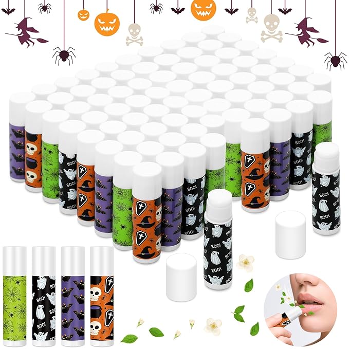 80 Pcs Halloween Lip Balm Ghost Spiderweb Skull Bat Lip Moisturizers for Halloween, 4 Styles-Velvo Beauty