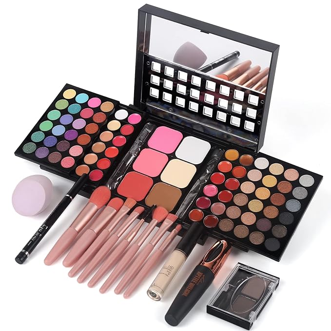 Full Makeup Kit with Applicator - 78 Color Cosmetic Gift Set Include Eyeshadow/Lipstick/Blush/Contour/Concealer, Mascara, Lip Liner, Eyeshadow Primer, Eyebrow Powder, Sponge and 8pcs Makeup Brush-Velvo Beauty