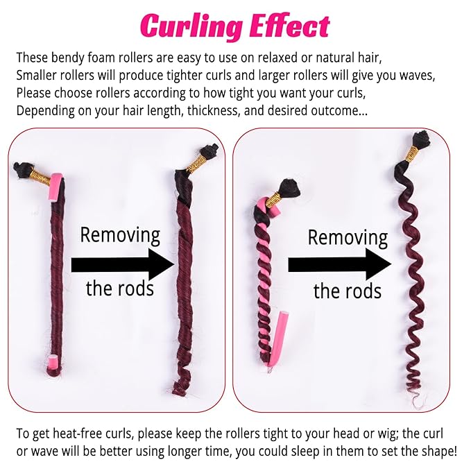 30PCS 9.45" Heatless Flexible Curling Rod, Skinny Small Flexi Rod Soft Twist Foam Hair Rollers for Tight Curl Women Girl Home Use Long and Short Hair (0.31 x 9.45 Inch, Pink#)-Velvo Beauty
