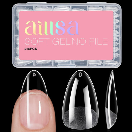 AILLSA Medium Almond Nail Tips Gel Half Matte Acrylic Nail Tips Clear Gelly Full Cover Pre-Filed Press on Nail tips Fake Nails For Extentions Manicure Salon Home DIY 216PCS 12 Sizes-Velvo Beauty