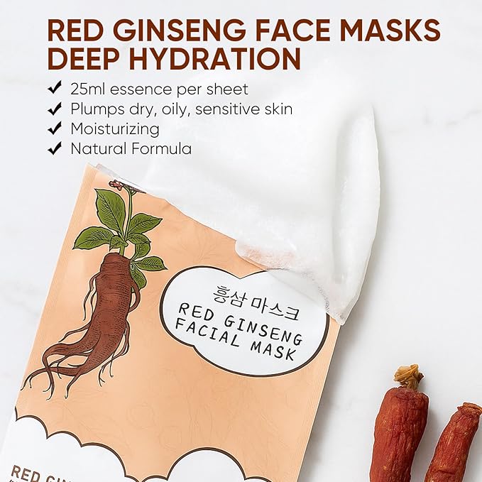 10Pack Sheet Face Masks Skincare for All Skin Types, Moisturizing Hydrating Face Masks Suitable for Sensitive Skin, Red Ginseng Face Masks for Wrinkles, Fine-Lines, Firmness and Elasticity-Velvo Beauty