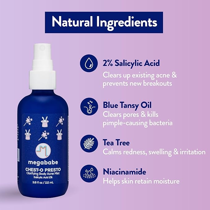 Megababe Chest-o Presto | Clarifying Body Acne Mist | Benzoyl Peroxide Free | 3.8 fl oz-Velvo Beauty