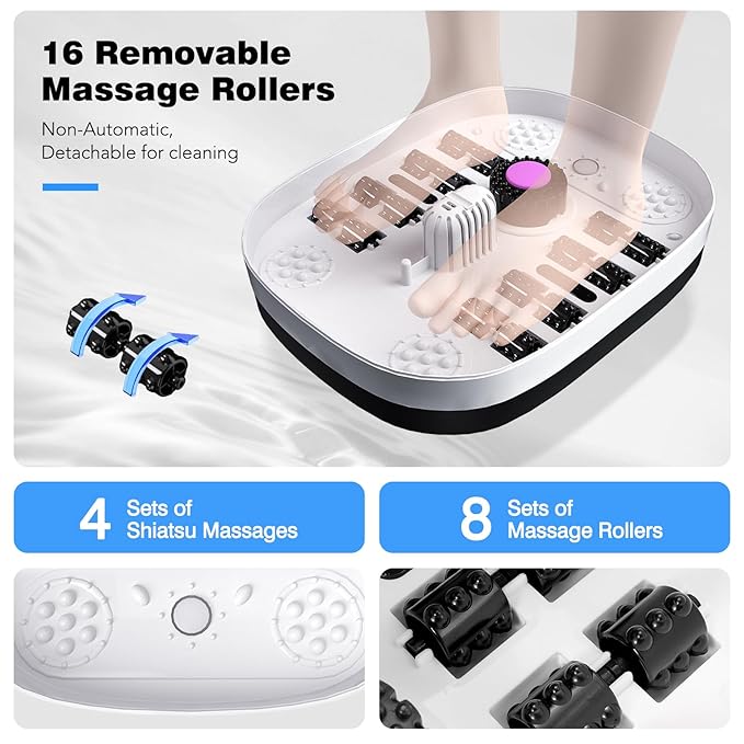 Collapsible Foot Spa Bath with Heat, Remote Control, Temperature Control, Bubbles, Pumice Stone, Red Light, Timer, 16 Massage Roller Pedicure Foot Spa Foot Soaker for Soothe & Relax Tired Feet-Velvo Beauty