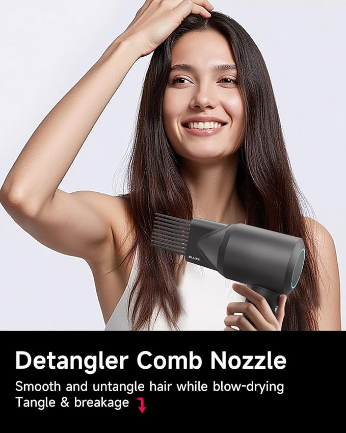 Hair Dryer with Comb & Diffuser Attachment for Curly Hair, PLUZZ 200M Negative Ionic Blow Dryer Brush, High-Speed Brushless Motor Hairdryer Fast, Portable Travel Hair Dryers Quiet, Women/Men/Kids-Velvo Beauty