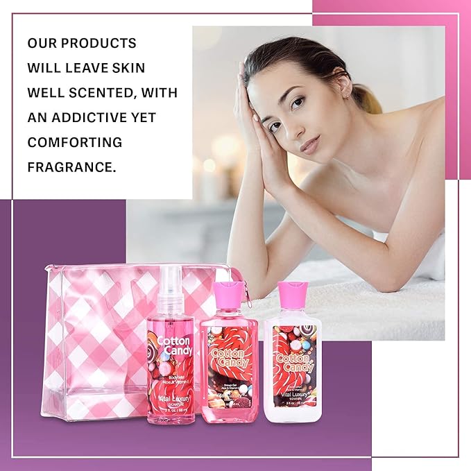 Bath & Body Care Travel Set - Home Spa Set with Body Lotion, Shower Gel and Fragrance Mist, Valentines Day Gifts for Her and Him(Cotton Candy)-Velvo Beauty