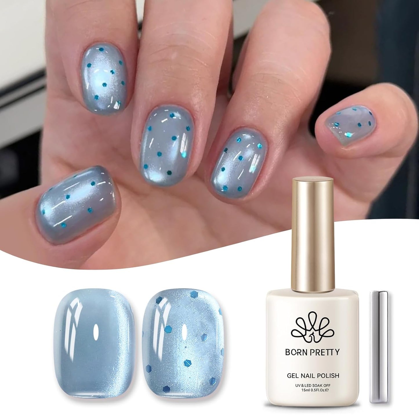 BORN PRETTY Cat Magnetic Eye Gel Nail Polish, Blue Glitter Cat Magnetic Gel Nail Polish, Crescent Bay Magnetic Nail Polish for Nail Art Manicure Salon DIY at Home 15ML-Velvo Beauty