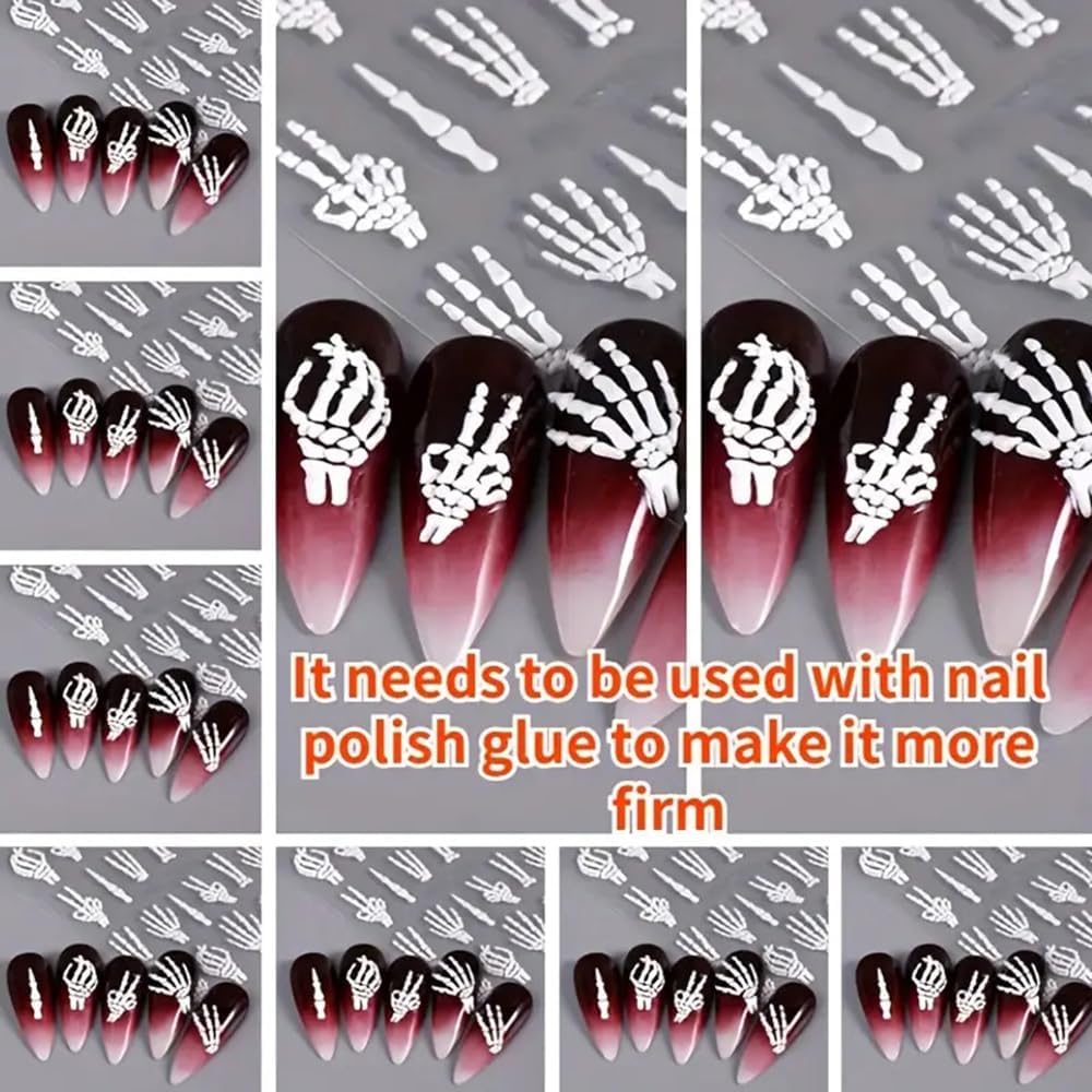 Halloween Nail Art Stickers Decals 3PCS Skeleton Nail Decals 5D Embossed Skull Nail Stickers White Hand Bones Finger Skeleton Halloween Nail Art Supplies Self-Adhesive Manicure Decorations-Velvo Beauty