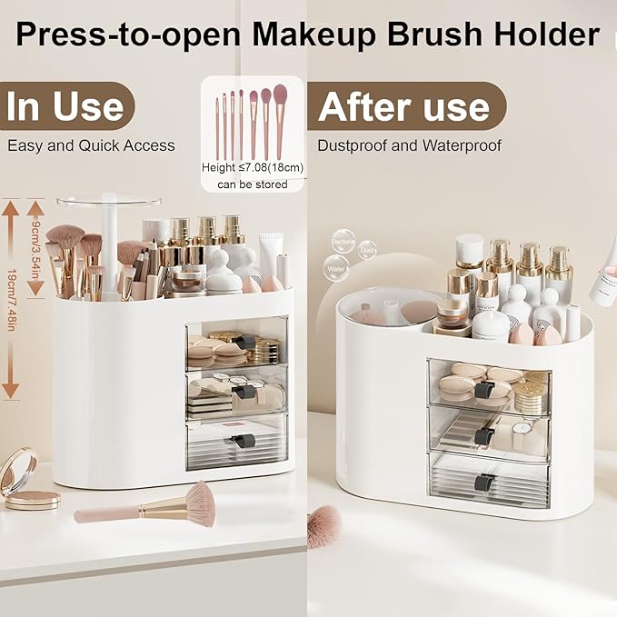 DASITON Makeup Organizer with 3 Drawers,Automatic Lifting Makeup Brush Holder with Lid,Large Capacity Makeup Organizers for Vanity,Bathroom Countertop,Ideal Storage Skin Care,Brushes,Lipstick (White)-Velvo Beauty