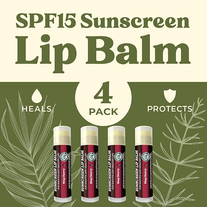 SPF Lip Balm 4-Pack by Earth's Daughter - Lip Sunscreen, SPF 15, Organic Ingredients, Cherry Flavor, Beeswax, Coconut Oil, Vitamin E - Hypoallergenic, Paraben Free, Gluten Free-Velvo Beauty