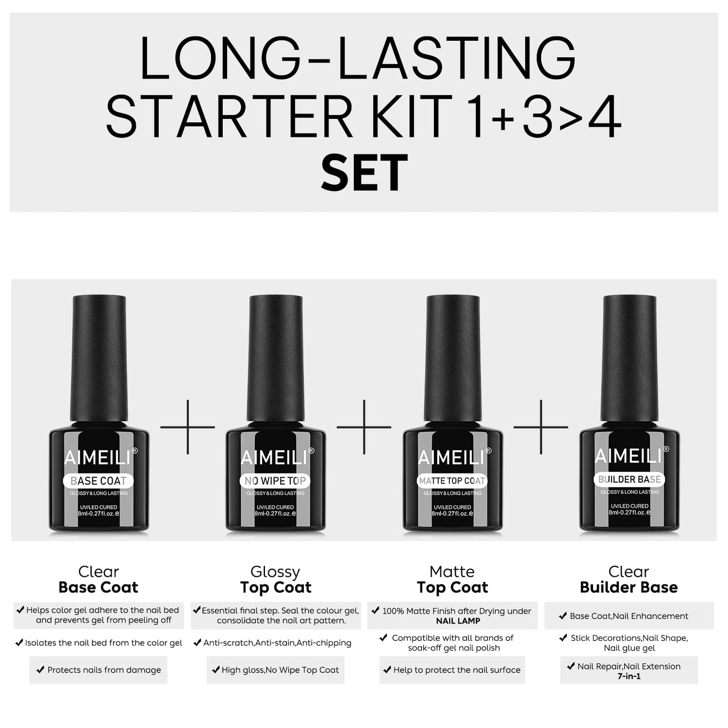 AIMEILI Gel Nail Polish 4pcs, Hema Free, Cruelty Free, Vegan, Soak Off U V LED Nail Art - Base Coat, No Wipe Top Coat, Matte Top, Builder Nail Gel-Velvo Beauty