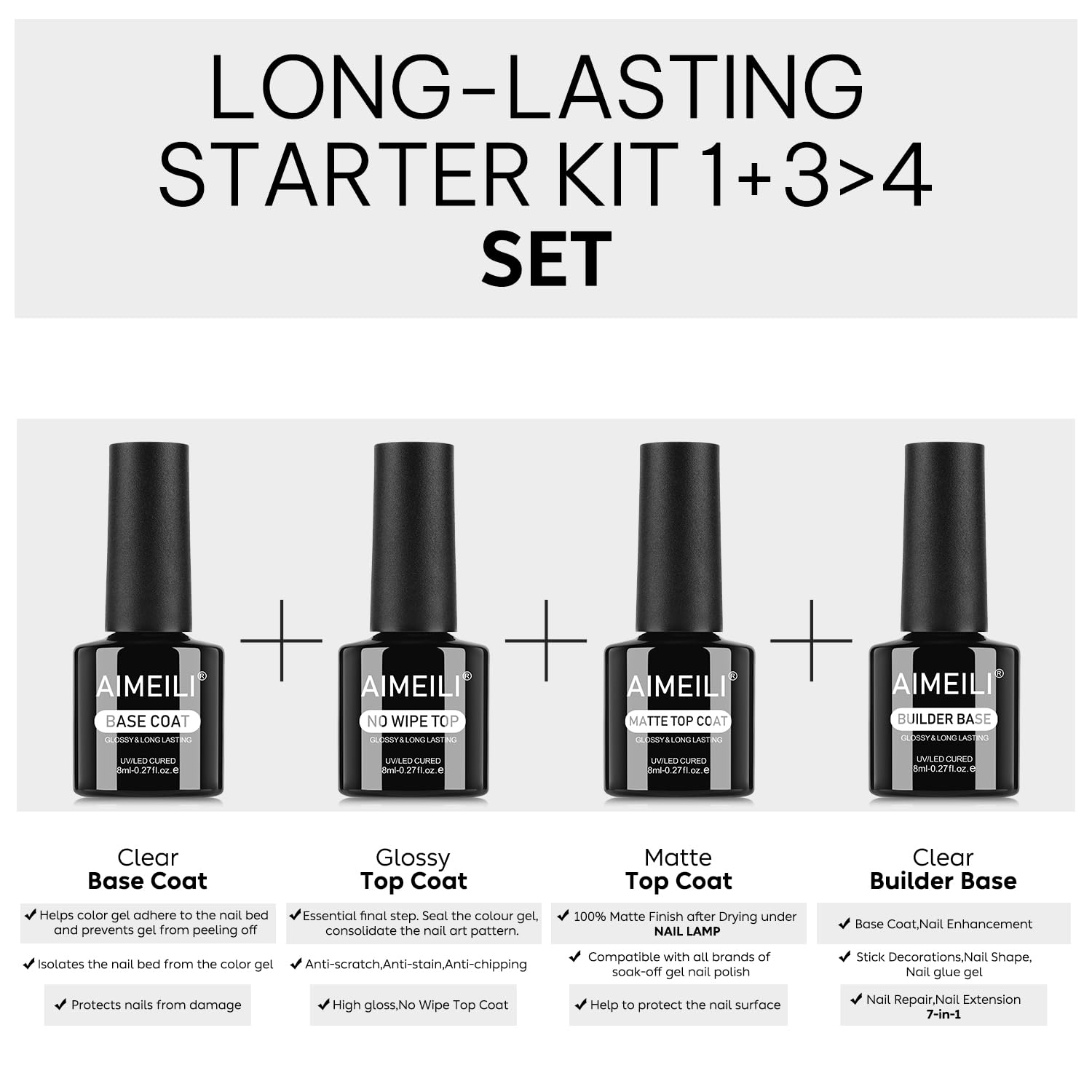 AIMEILI Gel Nail Polish 4pcs, Hema Free, Cruelty Free, Vegan, Soak Off U V LED Nail Art - Base Coat, No Wipe Top Coat, Matte Top, Builder Nail Gel-Velvo Beauty