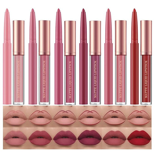 BestLand 12Pcs Matte Liquid Lipstick + Lip Liner Pens Set, One Step Lips Makeup Sets Pigment Velvety Nude Lip Stain Waterproof Long Wear Lip Gloss Make up Gift Set (Set B)-Velvo Beauty