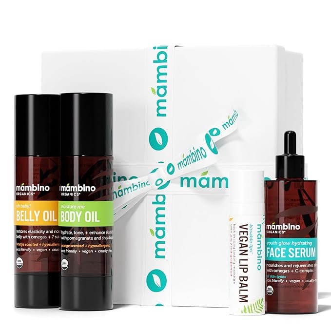 Mambino Organics Bun in the Oven Kit – All Natural Skincare Set for Pregnant Women – Anti-stretch mark, Body Moisturizer, Lip Balm Gift Pregnancy Gift Set for First time Moms-Velvo Beauty