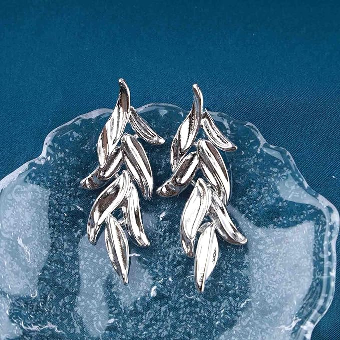 Statement Leaf Dangle Drop Earrings Vintage Silver Leaf Cluster Drop Earrings Punk Large Leaf Dangle Earrings Bridal Earring Wedding Prom Earring Jewelry for Women and Girls-Velvo Beauty