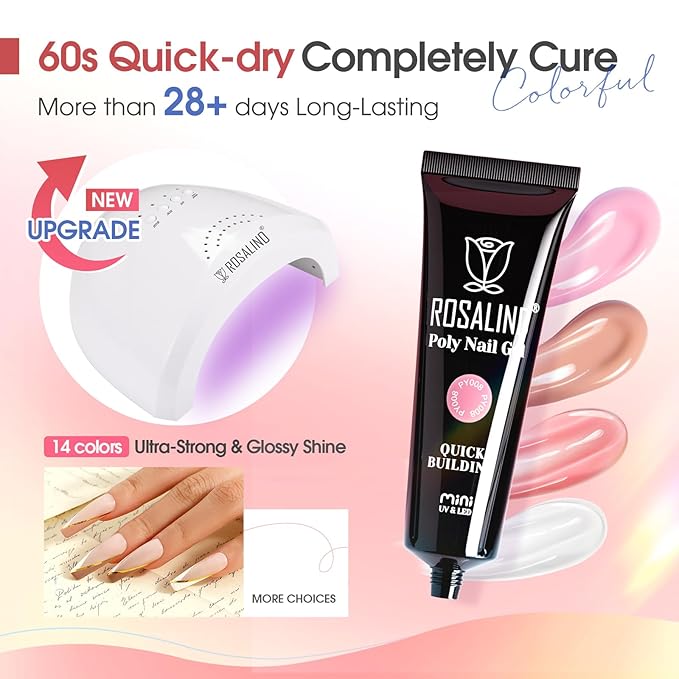 Poly Nail Gel Starter Kit -14 Colors + 75 Nails Art Accessories Kits, ROSALIND Nue Clear Poly Extension Gel with Big UV Light 48W and Electric Nail Drill Starter Kit with Everything-Velvo Beauty