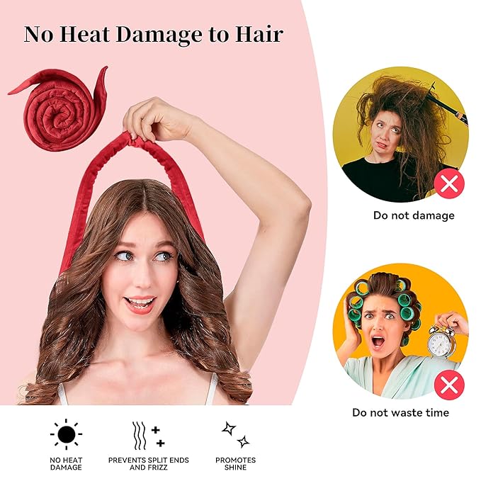 Heatless Curling Rod Headband, Upgraded 60" Extra Long Heatless Curls Headband Soft Hair Curlers to Sleep In Hair Rollers No Heat Curls (Red)-Velvo Beauty