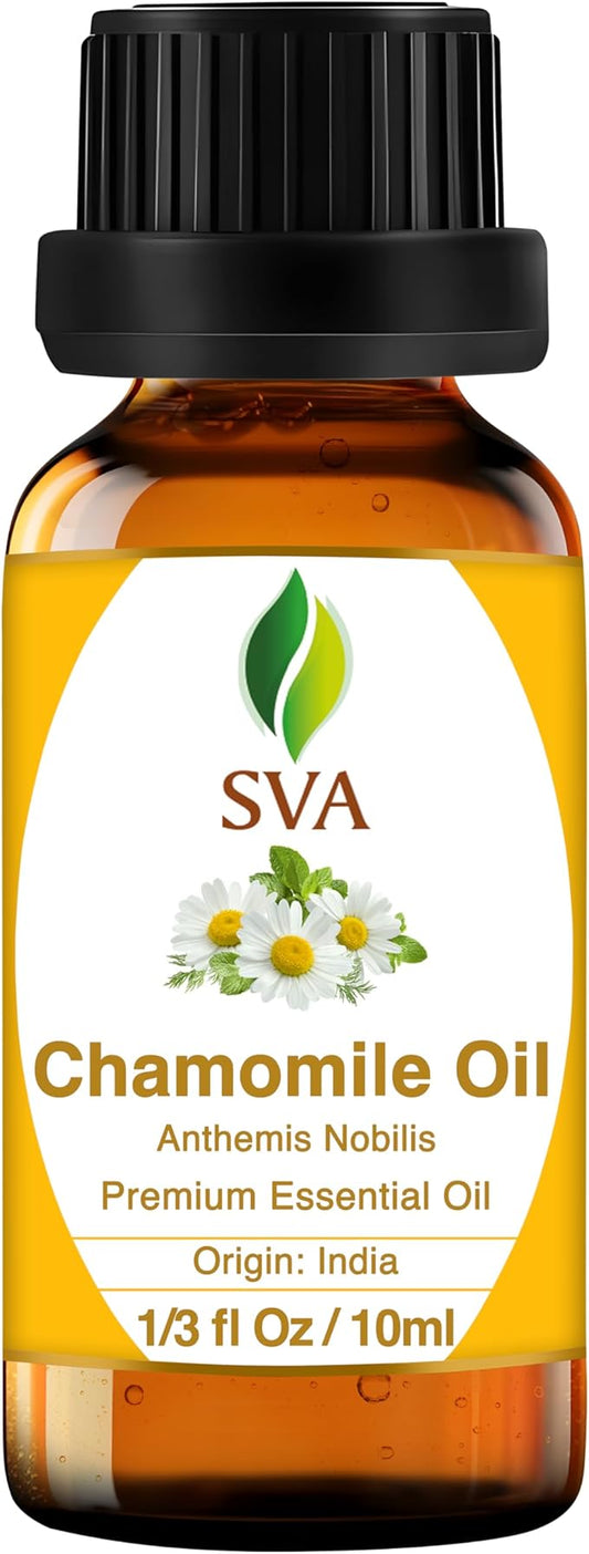 SVA Chamomile Essential Oil – 1/3 Fl Oz – 100% Natural Chamomile Oil - for Diffuser, Hair Care, Face, Skin Care, Aromatherapy, Scalp and Body Massage, Soap and Candle Making-Velvo Beauty
