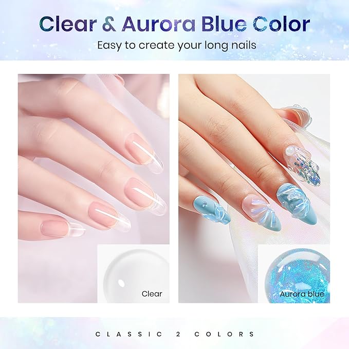 MIZHSE 2PCS Solid Builder Gel for Nails Kit: 30g/1oz Clear & Aurora Hard Gel for Nail with Nail Forms 3D Mold Soak off U V Builder Extension Gels for Women-Velvo Beauty