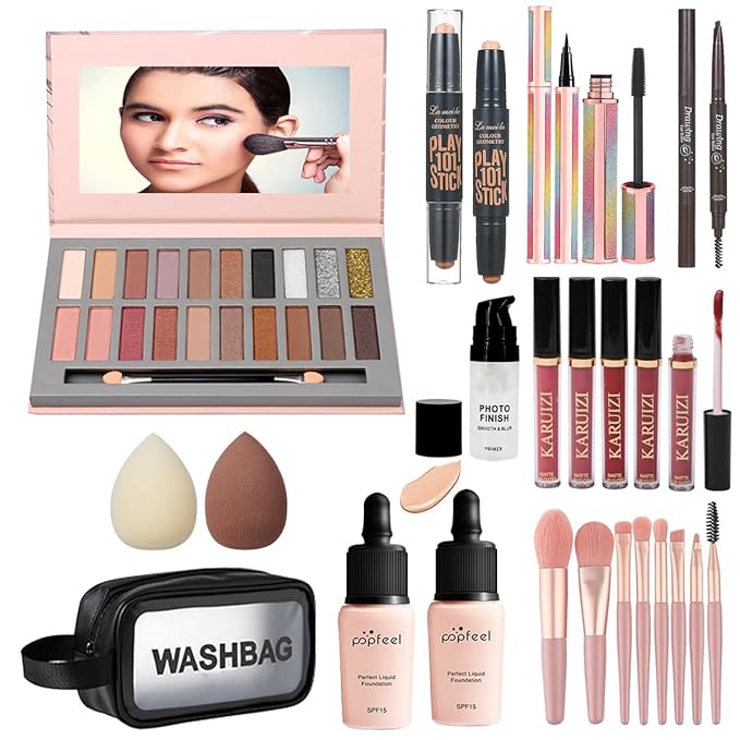 All in One Makeup Kit, Includes 20 Colors Eyeshadow Palette, RUIGPRO Foundation & Face Primer, Makeup Brush, Makeup Sponge, Eyebrow Soap, Winged Eyeliner Stamp, Gift Set for Women, Girls & Teens-Velvo Beauty