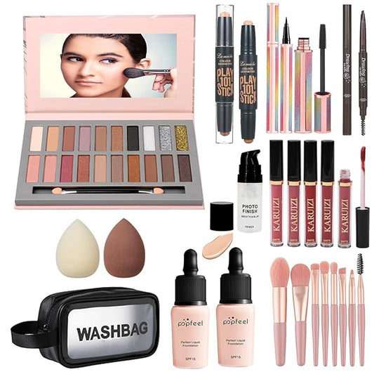 All in One Makeup Kit, Includes 20 Colors Eyeshadow Palette, RUIGPRO Foundation & Face Primer, Makeup Brush, Makeup Sponge, Eyebrow Soap, Winged Eyeliner Stamp, Gift Set for Women, Girls & Teens-Velvo Beauty
