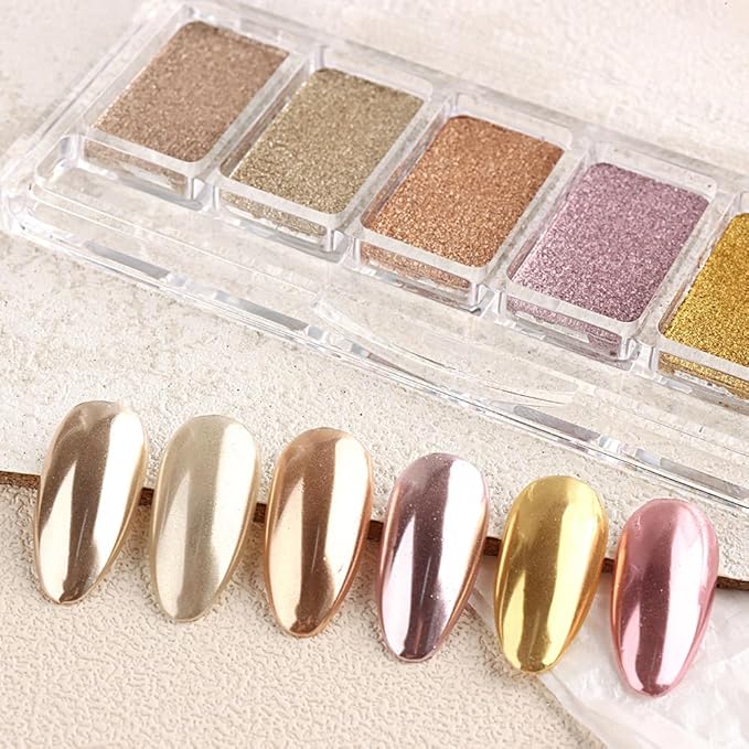 6 Colors Solid Chrome Nail Glitter Powder Set Metallic Mirror Chrome Powder for Nails, Gold Rose Gold Champagne Mutil Colors Palette Nail Pigment Powder Manicure Nail Art Decorations-Velvo Beauty