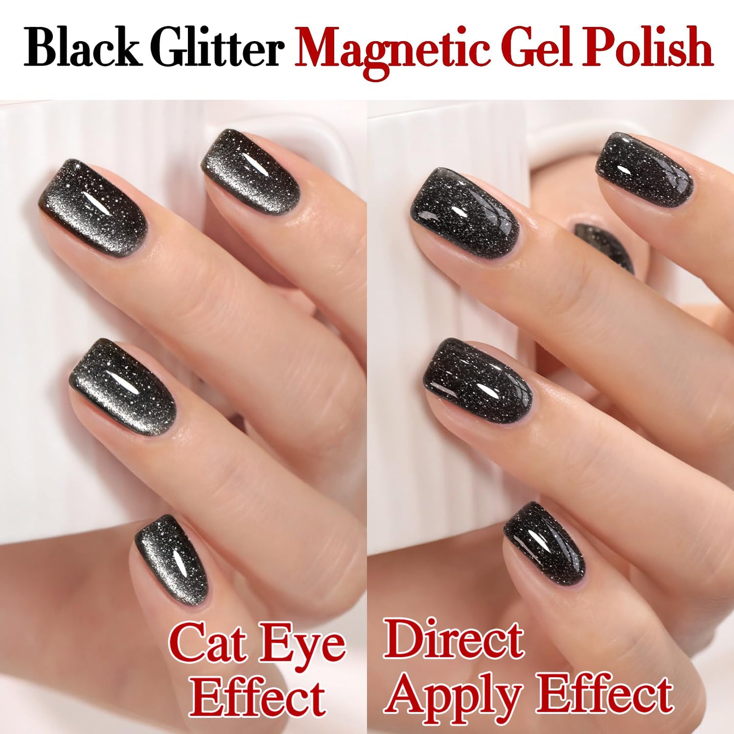 Double Rhythm Jelly Glass Cat Eye Gel Polish with Magnet 15ML Holographic Glitter Shimmer Translucent Sheer Color Magnetic Nail Polish Salon DIY at Home (Black Glitter-MC1061)-Velvo Beauty