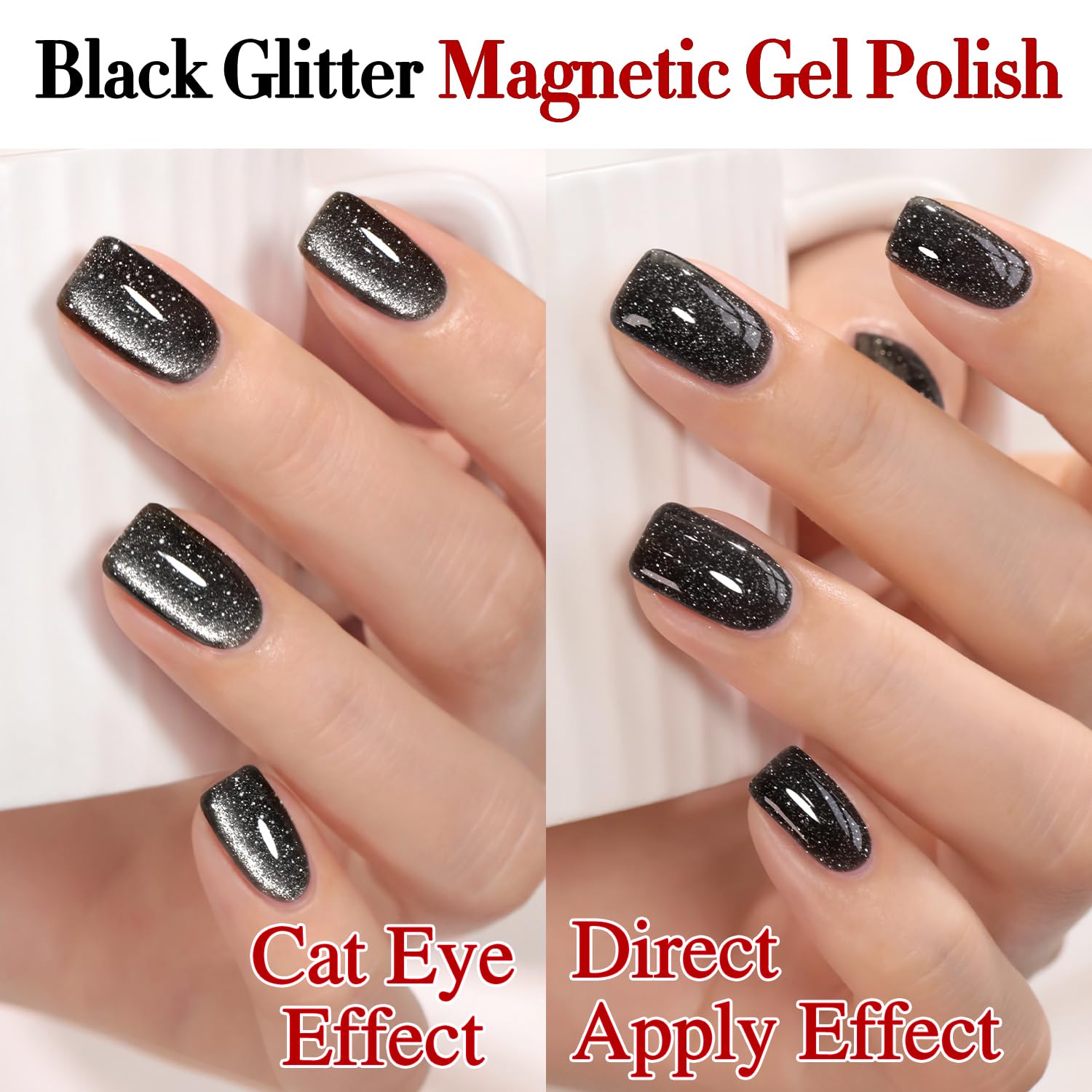Double Rhythm Jelly Glass Cat Eye Gel Polish with Magnet 15ML Holographic Glitter Shimmer Translucent Sheer Color Magnetic Nail Polish Salon DIY at Home (Black Glitter-MC1061)-Velvo Beauty