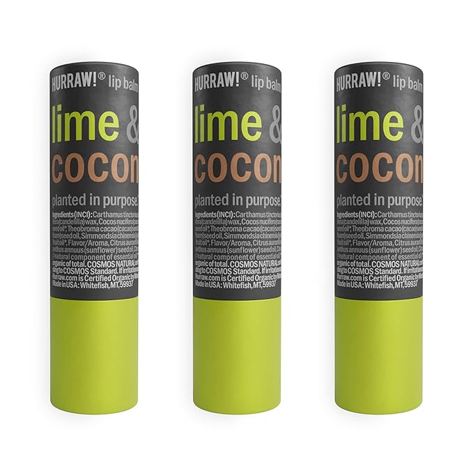 Hurraw! Lime & Coconut Lip Balm, 3 Pack: Plastic-Free with new cardboard push-up tube. Certified Organic, All Natural Origin, Vegan & Cruelty Free. Gluten Free. Bee, Shea, Soy & Palm Free. Made in USA-Velvo Beauty