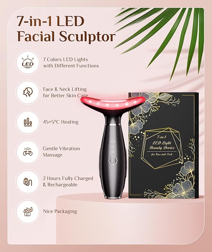 7 Color Galvanic Machines - Red Light Therapy for Face and Neck, Face Massager Tool for Wrinkles, Double Chin, Vibrating Facial Massager with Thermals, Black-Velvo Beauty