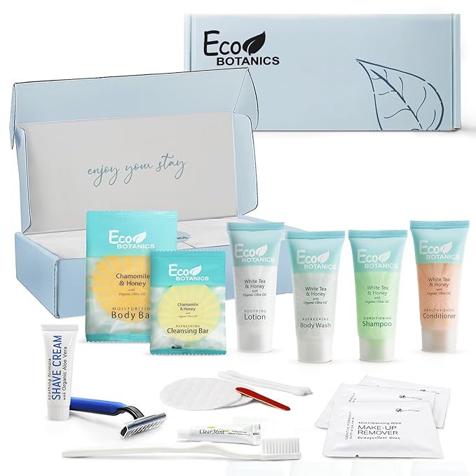 Eco Botanics Amenity & Accessory Kit | 0.85 oz Travel Size Shampoo, Conditioner, Lotion, Body Wash, Body Bar, Cleansing Bar, Shave & Dental Sets, Make-Up Remover Wipes, & Vanity Kit | 1 set per case-Velvo Beauty