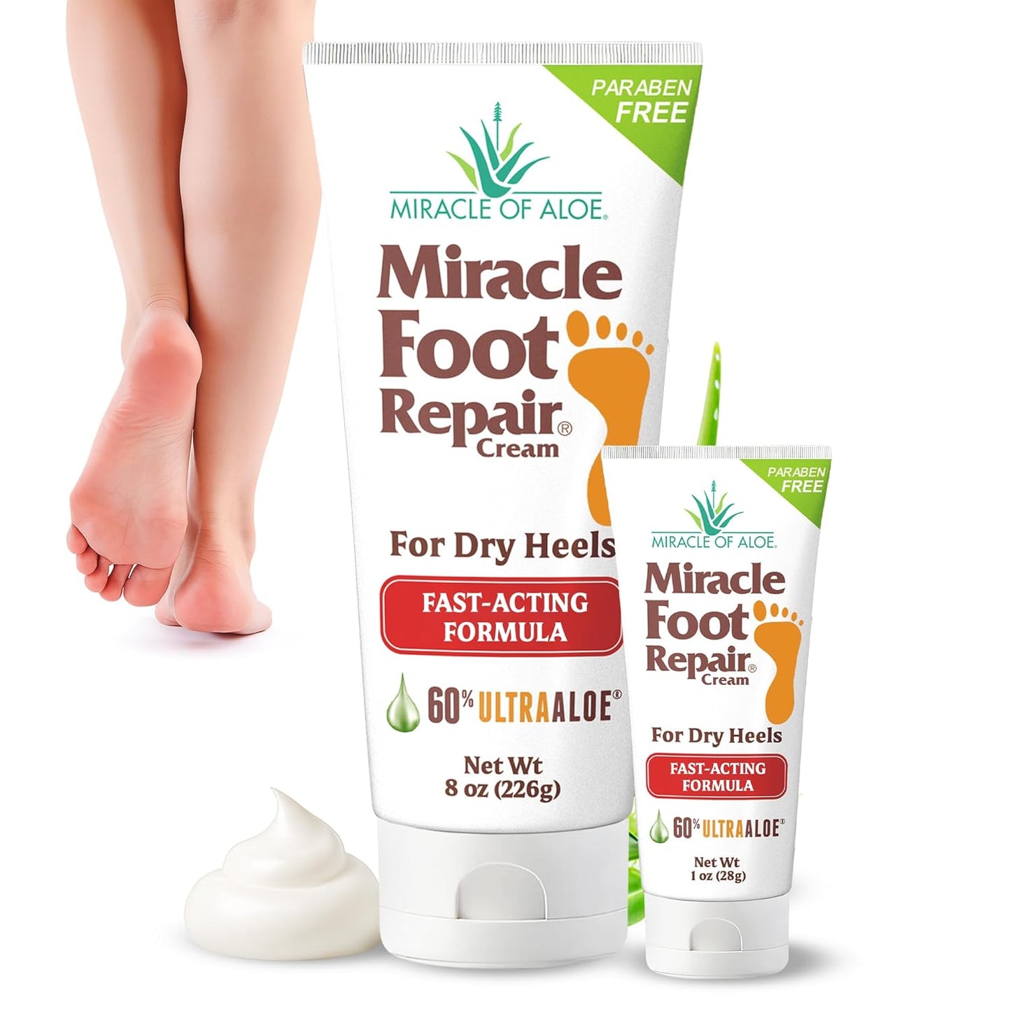Miracle Foot Repair Cream (8 oz & 1 oz) Repairs Dry Cracked Heels and Feet, 60% Pure UltraAloe Moisturizes, Softens, and Repairs-Velvo Beauty