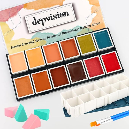 Depvision SFX 12 Color Flesh Tone Alcohol Activated Makeup Palette for Special Effects,Waterproof Skin Tone FX Makeup for Professional Makeup Artists Cosplay Halloween Theatrical Makeup-Velvo Beauty
