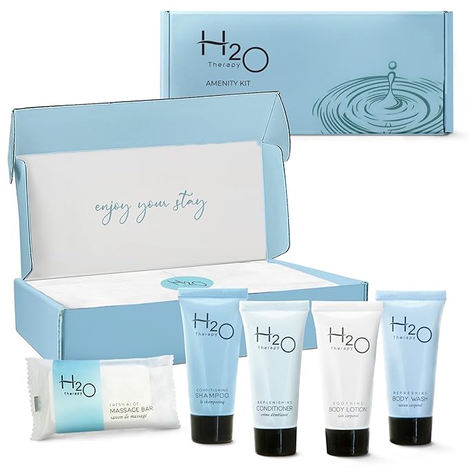 H2O Therapy Amenity Kit | Boxed Hotel Toiletries | Bulk Set 0.85 oz Travel Size Shampoo, Conditioner, Lotion, Body Wash & Body Bar Soap for Guest Hospitality AirBnB/Vacation Rentals | 1 set per case-Velvo Beauty