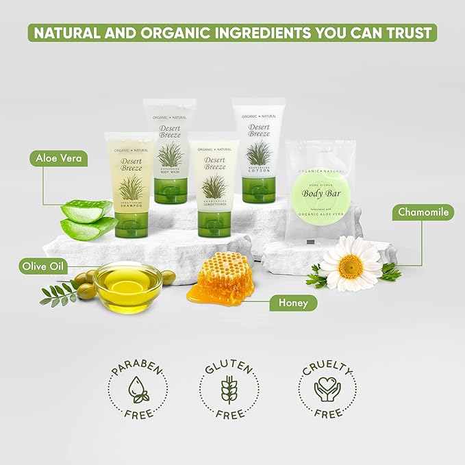 Desert Breeze Hotel Soaps and Toiletries Bulk Set | 1oz Hotel Shampoo & Conditioner, Body Wash, Body Lotion & Bar Soap | Half Pallet 21 cases with 300 units each - 6,300 pieces-Velvo Beauty