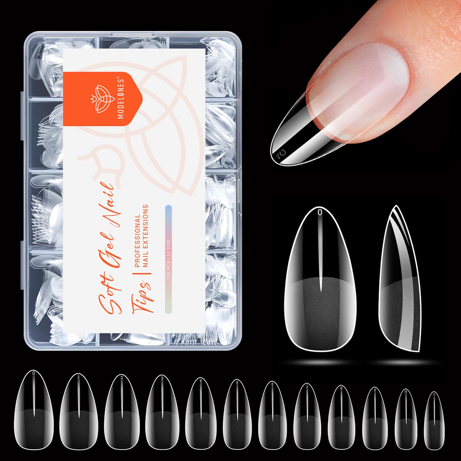 modelones Medium Almond Nail Tips, Pre-shaped Soft Gel Tips Fake Nails False Acrylic Clear Full Cover Press on Extension Kit Gel Manicure DIY at Home 216PCS 12Sizes-Velvo Beauty