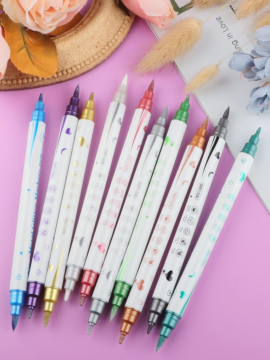 10 Color Metal Giltter 3D Nail Art Pens Set, Kalolary Double-ended Nail Point Dotting Pen Drawing Painting Liner Brush for DIY Nail Art Beauty Adorn Manicure Tools(G)-Velvo Beauty