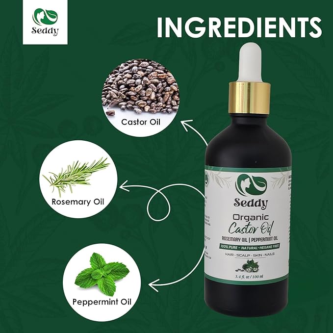 Seddy Organic Castor Oil with Rosemary & Peppermint in Dark Glass Bottle - Cold Pressed | Hexane-Free | Scalp, Hair, Eyelashes, Eyebrows, Skin, & Nails | Hair Treatment Oil - 3.4 Fl. Oz-Velvo Beauty