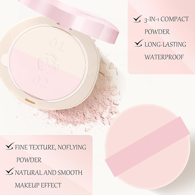 Pink Setting Powder, 3 in 1 Blush Palette with Puff, Highlighter Palette, Fine Texture Blush Pressed Powder, Setting Powder Makeup, Korea Makeup - Pink-Velvo Beauty