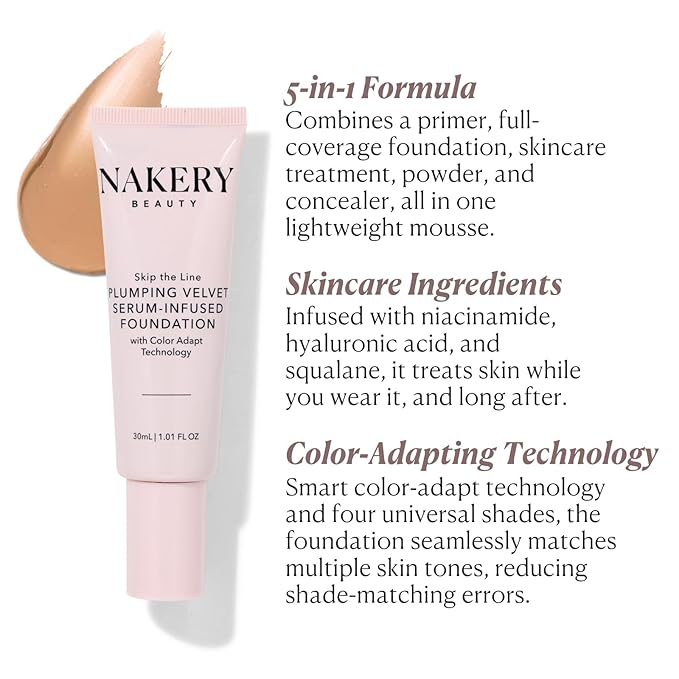 Nakery Full Coverage Foundation for Women - 5 in 1 Plumping Liquid Foundation Makeup - Serum Infused Makeup Foundation Smart Color Adapt with Niacinamide & Hyaluronic Acid for All Skin Types - Light-Velvo Beauty