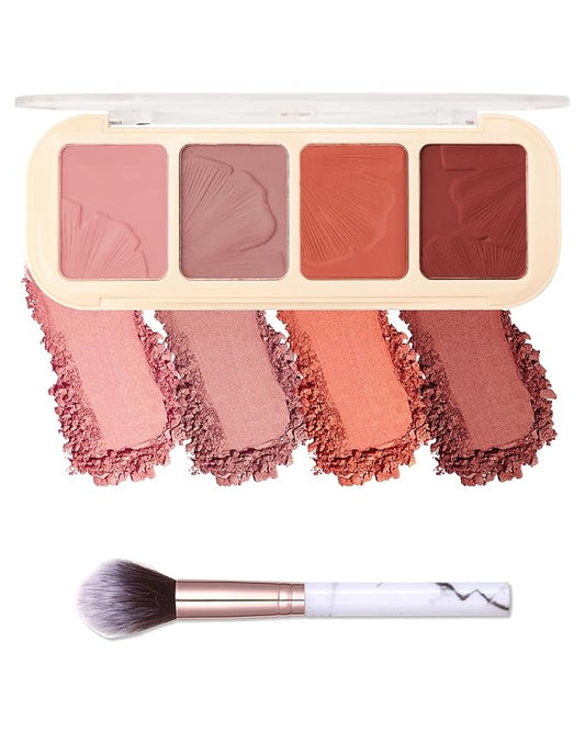 Matte Face Blush Palette Kit with Brush-4 Colors Pink Purple Orange Silky Mineral Blendable Blusher Contour Powder for Cheeks,Longlasting Professional Facial Beauty Makeup Gift for Women Girl-Set 01-Velvo Beauty