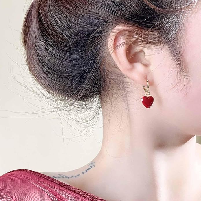 Vintage Heart Dangle earrings Red Coral Earrings Red Heart Love Huggie Earrings Gold Hoop Huggie Earrings Jewelry for Women-Velvo Beauty