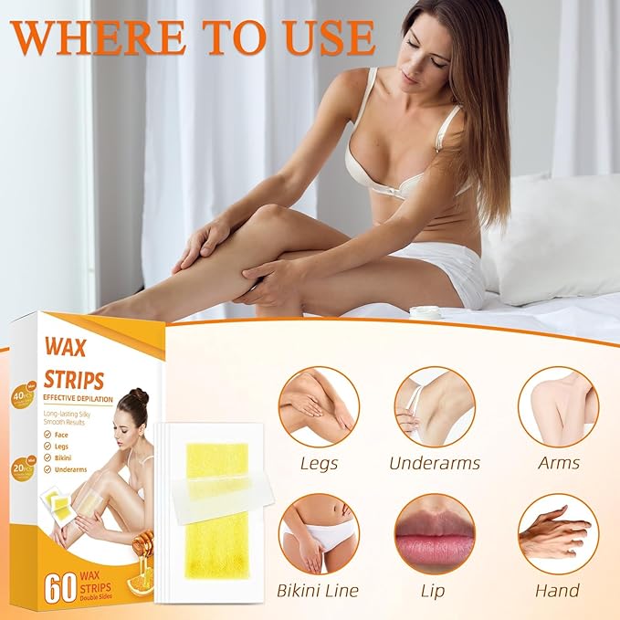 Wax Strips for Hair Removal, Waxing Kit For Women, 60 Pcs - 40 Body Wax Strips, 20 Pcs for Face, 6 Cleansing Oil Towelettes Suitable for Face/Legs/Underarms/Bikini-Velvo Beauty