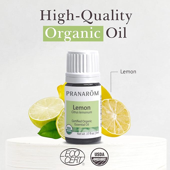 Pranarom USDA Certified Organic Lemon Essential Oil (5ml), 100% Pure Undiluted Therapeutic Grade from Argentina for Aromatherapy, Diffuser, DIY, Cleaning, Fresh Lemon Scent-Velvo Beauty